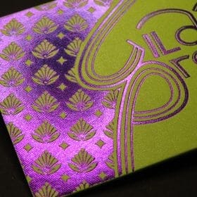 Gmund Vibrant Arsenic hot foil stamped with purple metallic foil