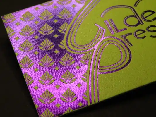 Gmund Vibrant Arsenic hot foil stamped with purple metallic foil