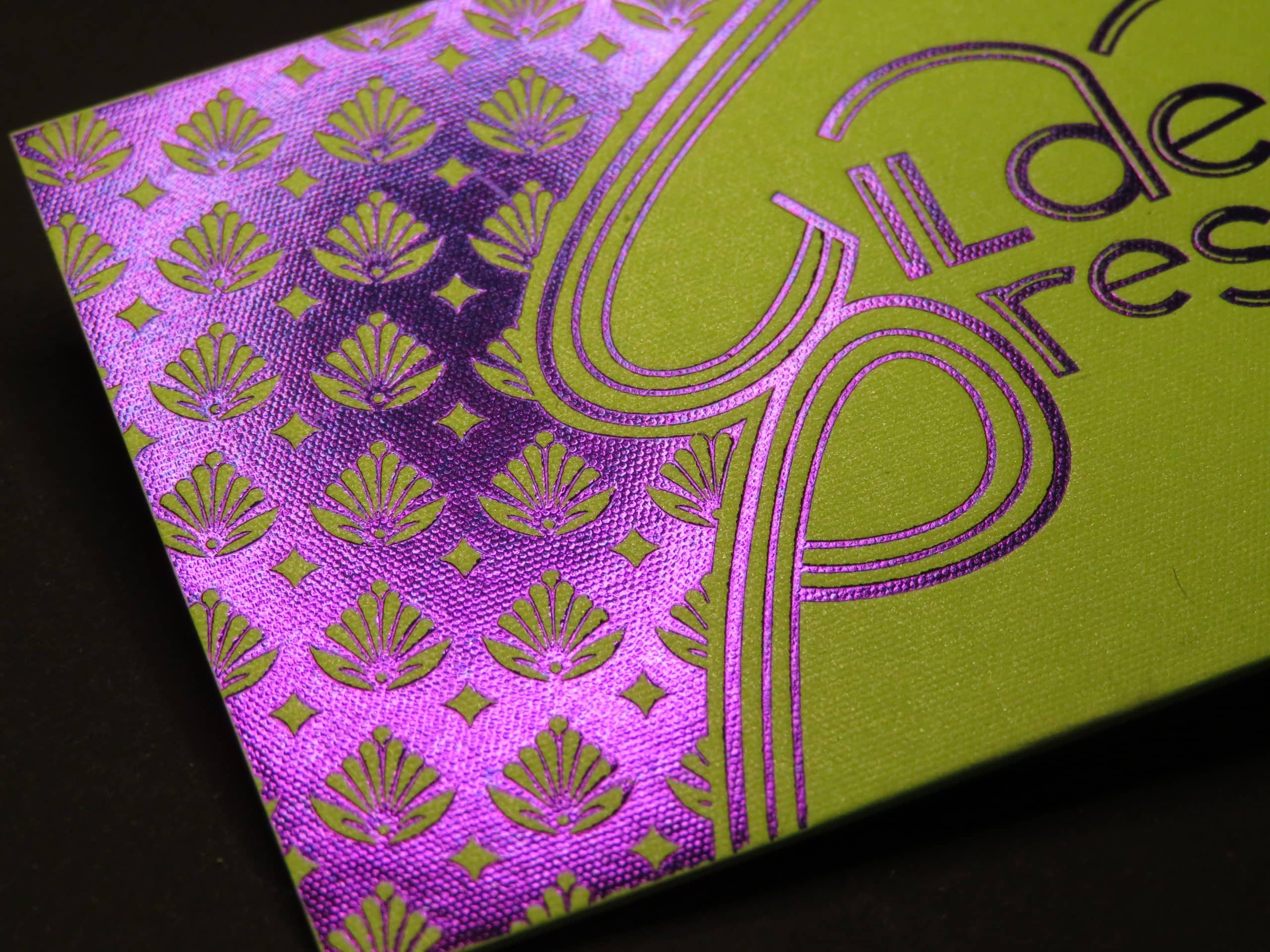 Gmund Vibrant Arsenic hot foil stamped with purple metallic foil