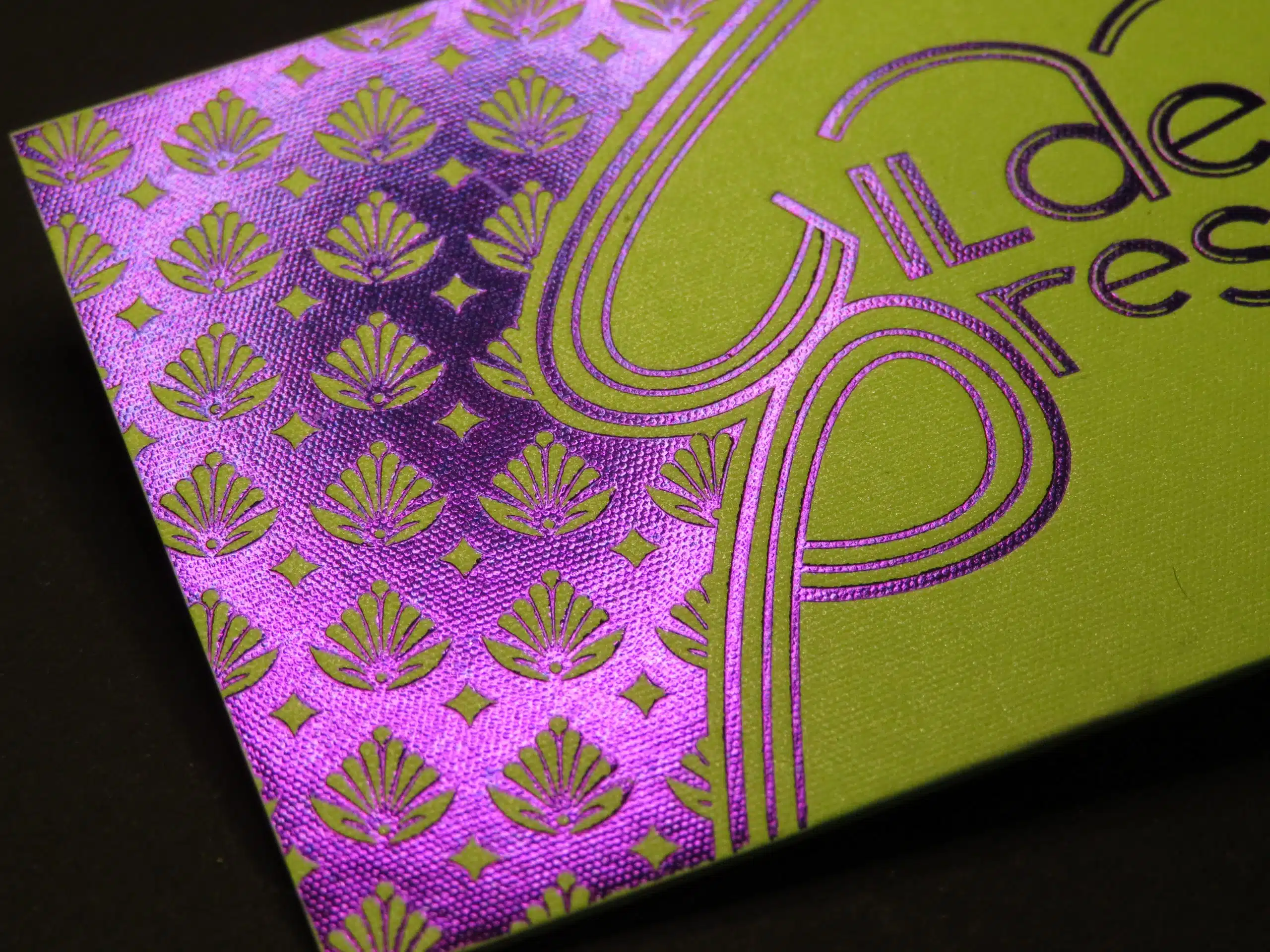 Gmund Vibrant Arsenic hot foil stamped with purple metallic foil