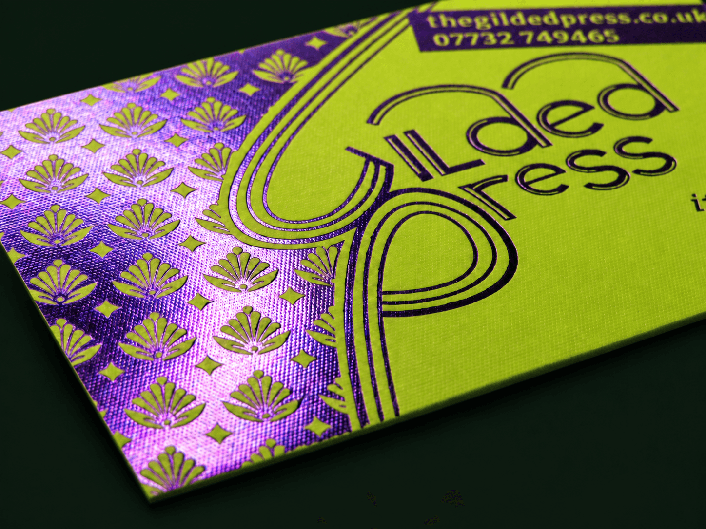 Hot Foil Business Card Gmund vibrant Arsenic with purple hot foil print.